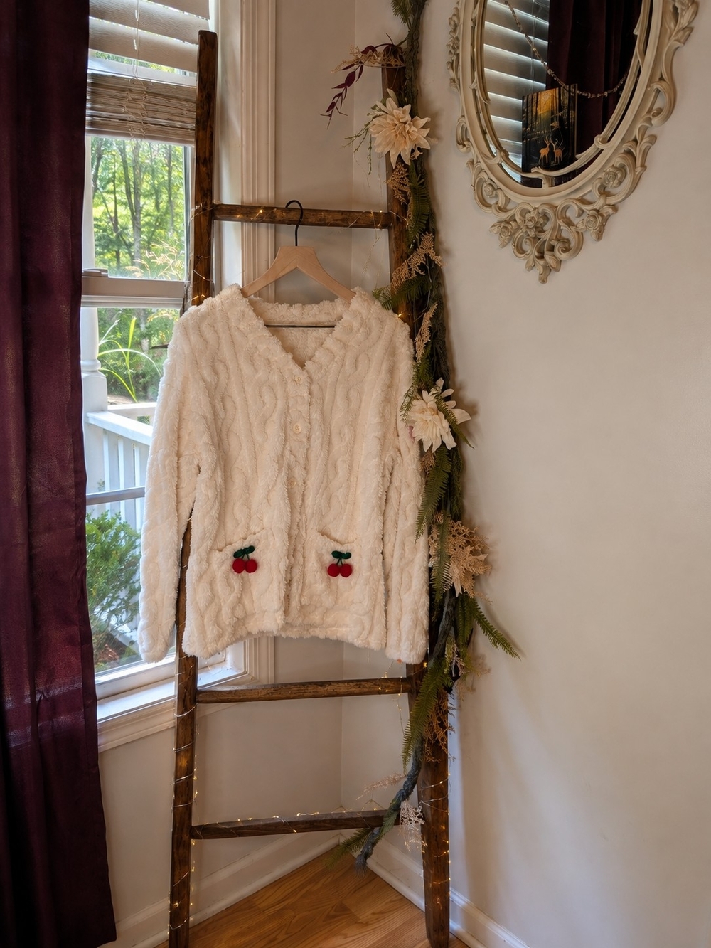 Cream Button Up Sweater with Cherry Accents Cottagecore Cherry Lover